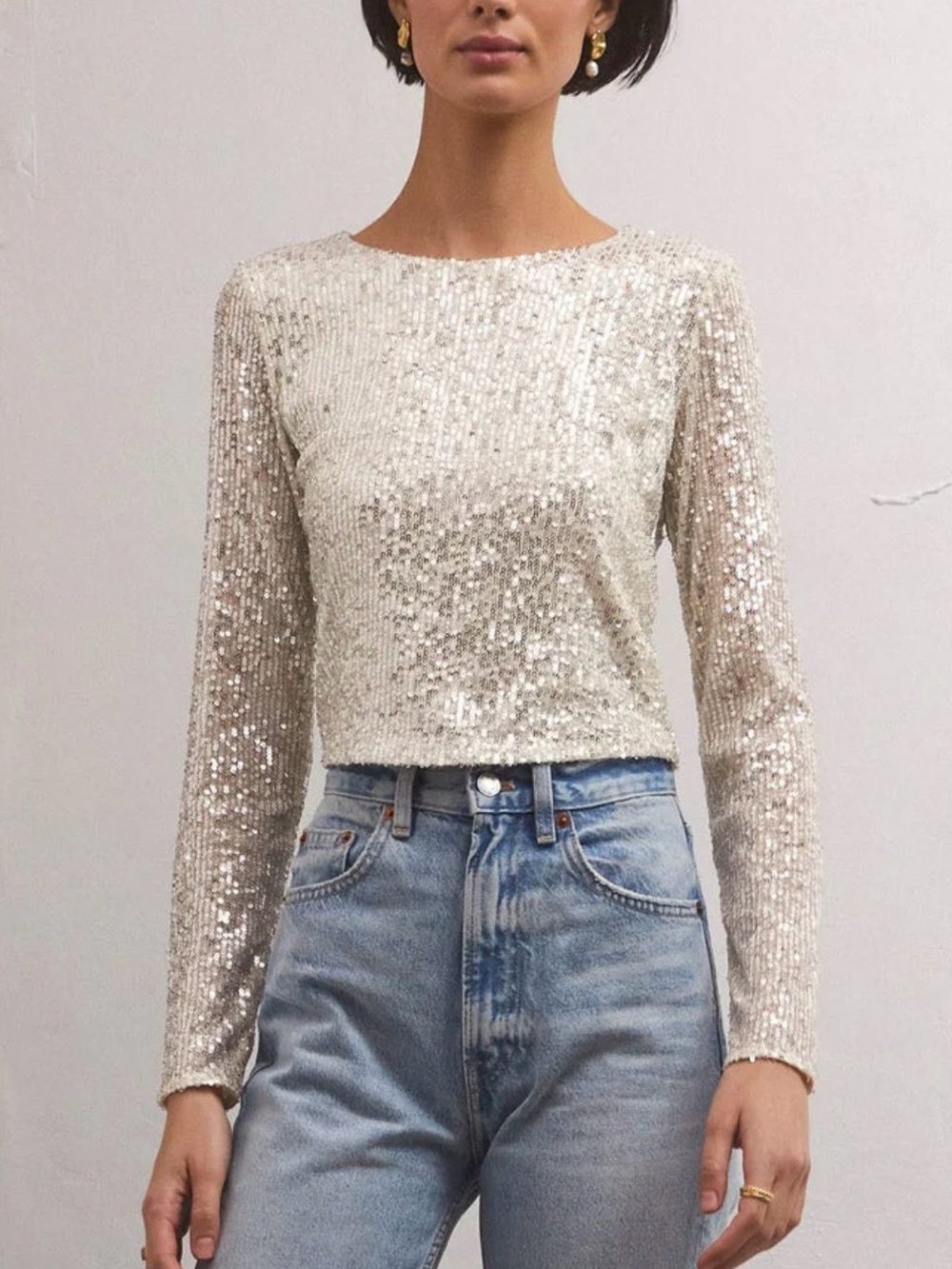 ZSupply Aurora Sequin Top Silver Sequin Long-Sleeve Crop Top